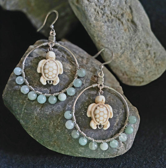 Amazonite Stone Turtle Hoops, Silver Wire Wrapped Dangle Earrings, Ocean Theme Jewelry