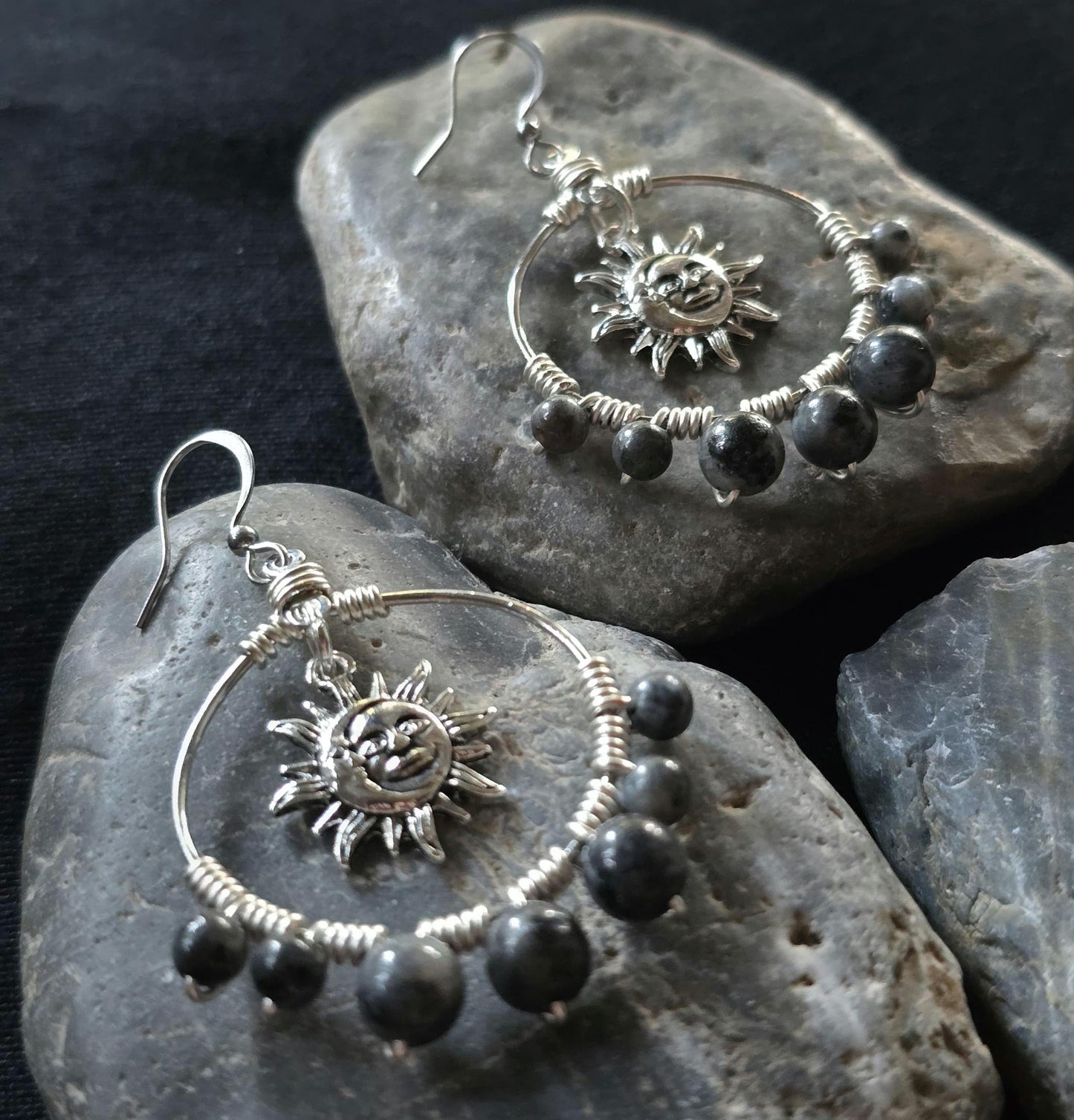 Handmade Labradorite Sun Moon Hoop Earrings, Celestial Wire Wrapped Boho Jewelry