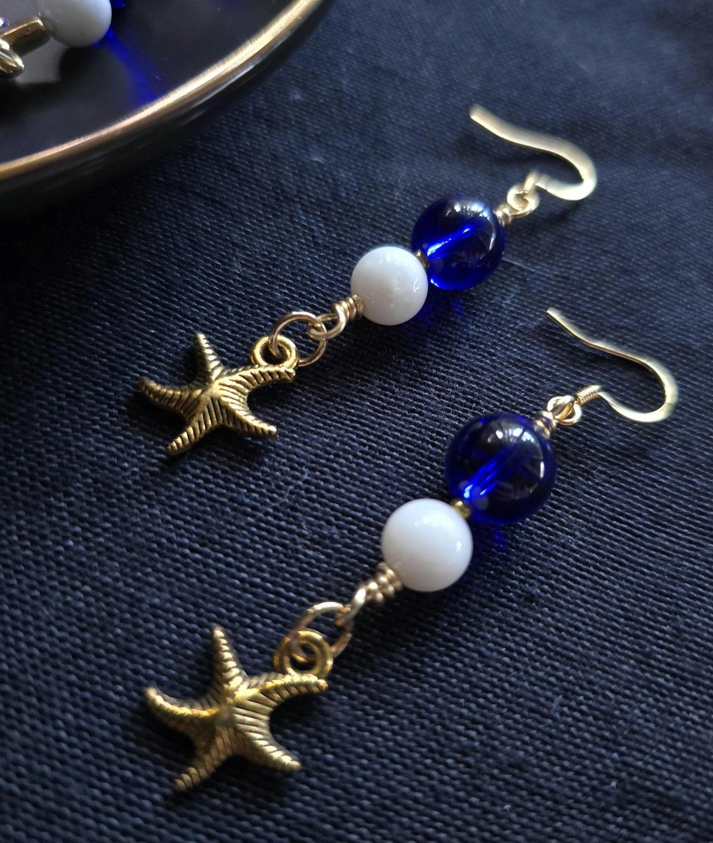 Nautical Blue White Beaded Bracelet Starfish Earrings Set, Cowrie Shell Charm Coastal Jewelry