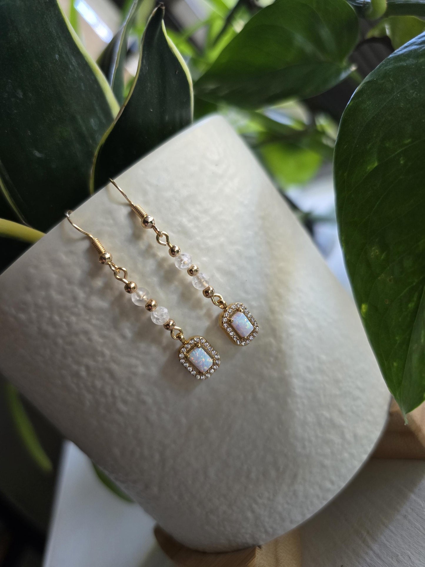 Gold and Glass Crackle Beaded Synthetic Opal Pendant Handmade Dangle Earrings