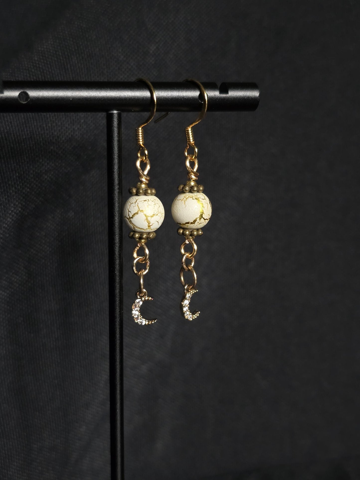 White Gold Moon Dangle Earrings, Celestial Boho Crystal Jewelry