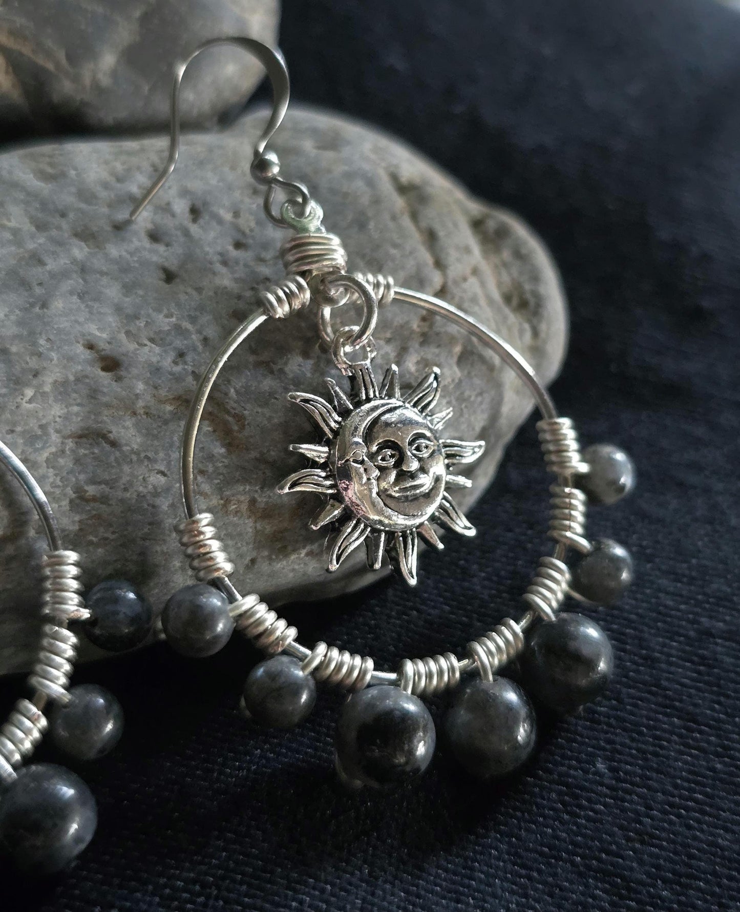 Handmade Labradorite Sun Moon Hoop Earrings, Celestial Wire Wrapped Boho Jewelry