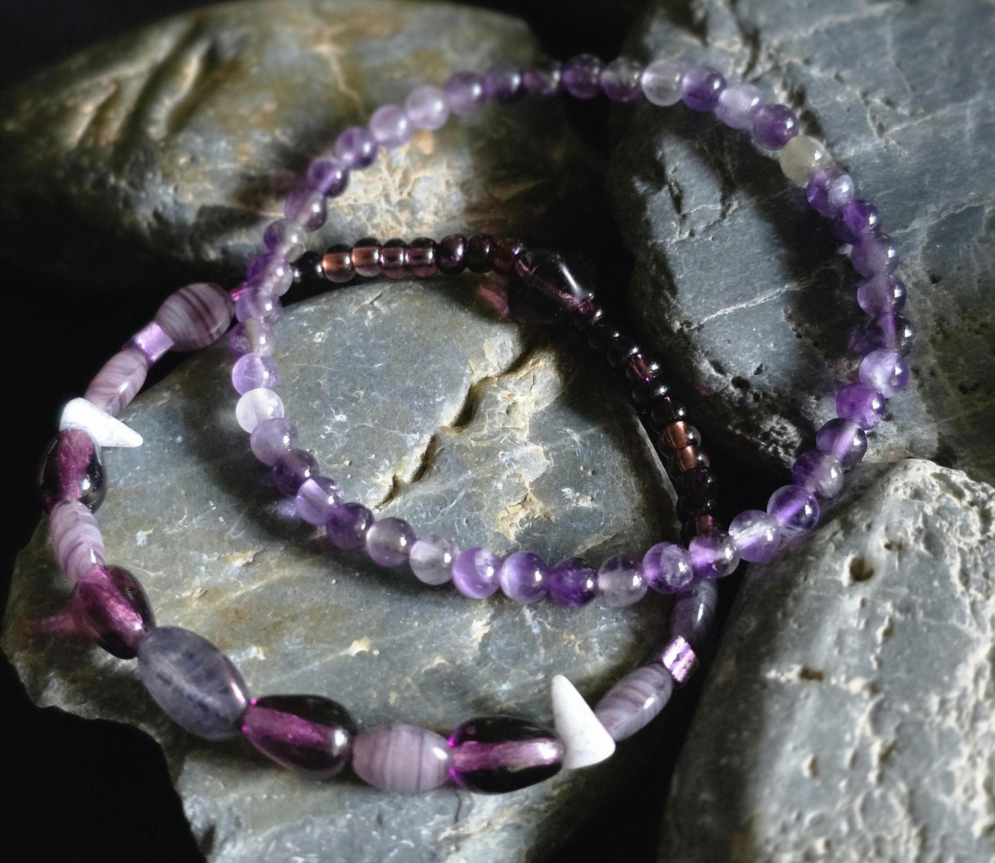 Amethyst Gemstone Beaded Bracelet Set, Purple Boho Layering Jewelry