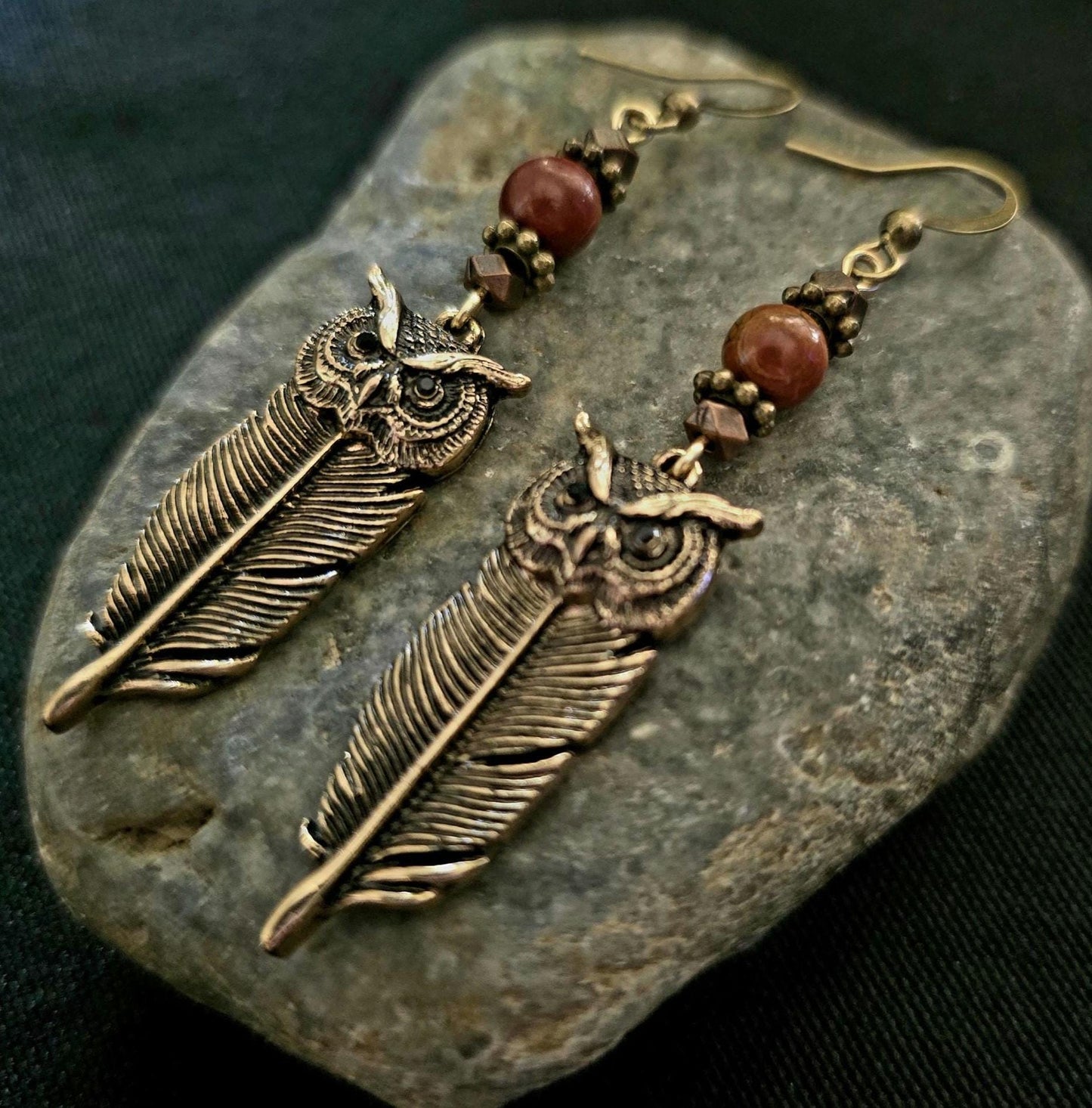 Bronze Owl Feather Earrings, Red Creek Jasper Beads, Rustic Boho Woodland Jewelry