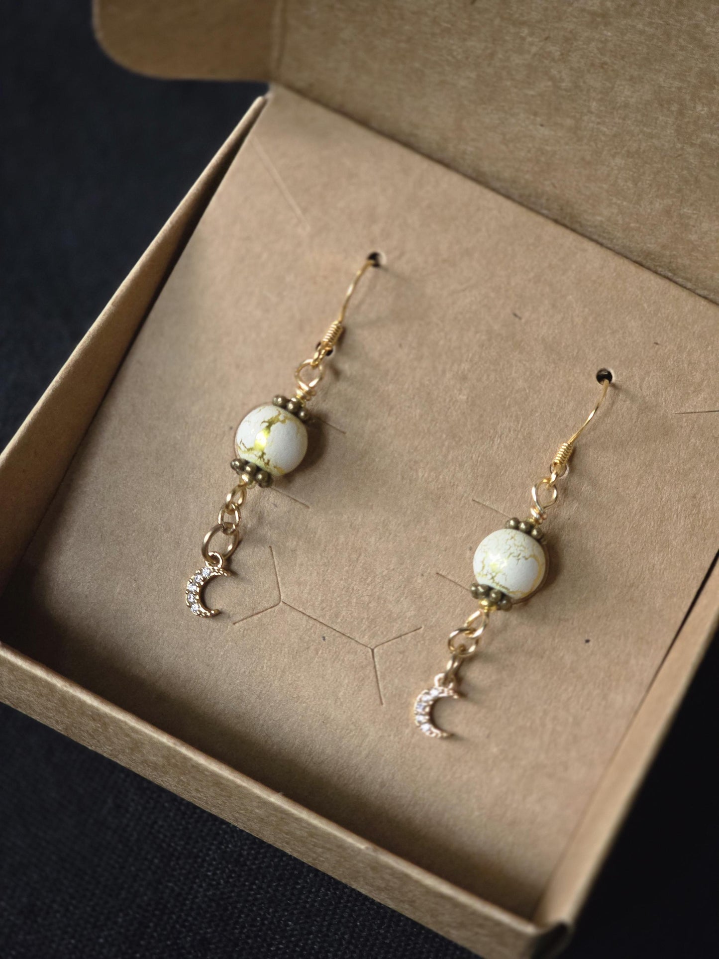 White Gold Moon Dangle Earrings, Celestial Boho Crystal Jewelry
