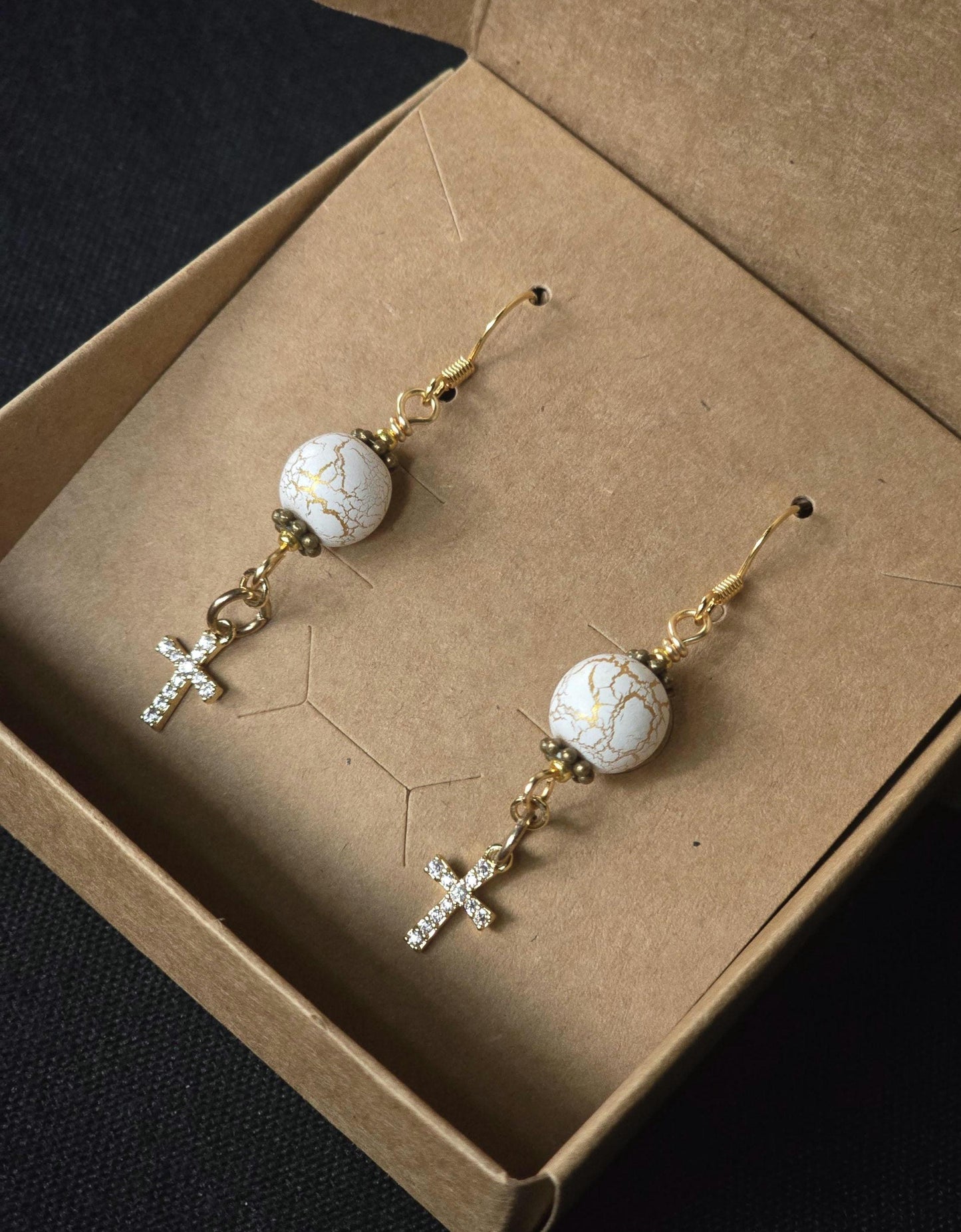 Gold Cross Dangle Earrings, White Cracked Stone Beads, Boho Jewelry