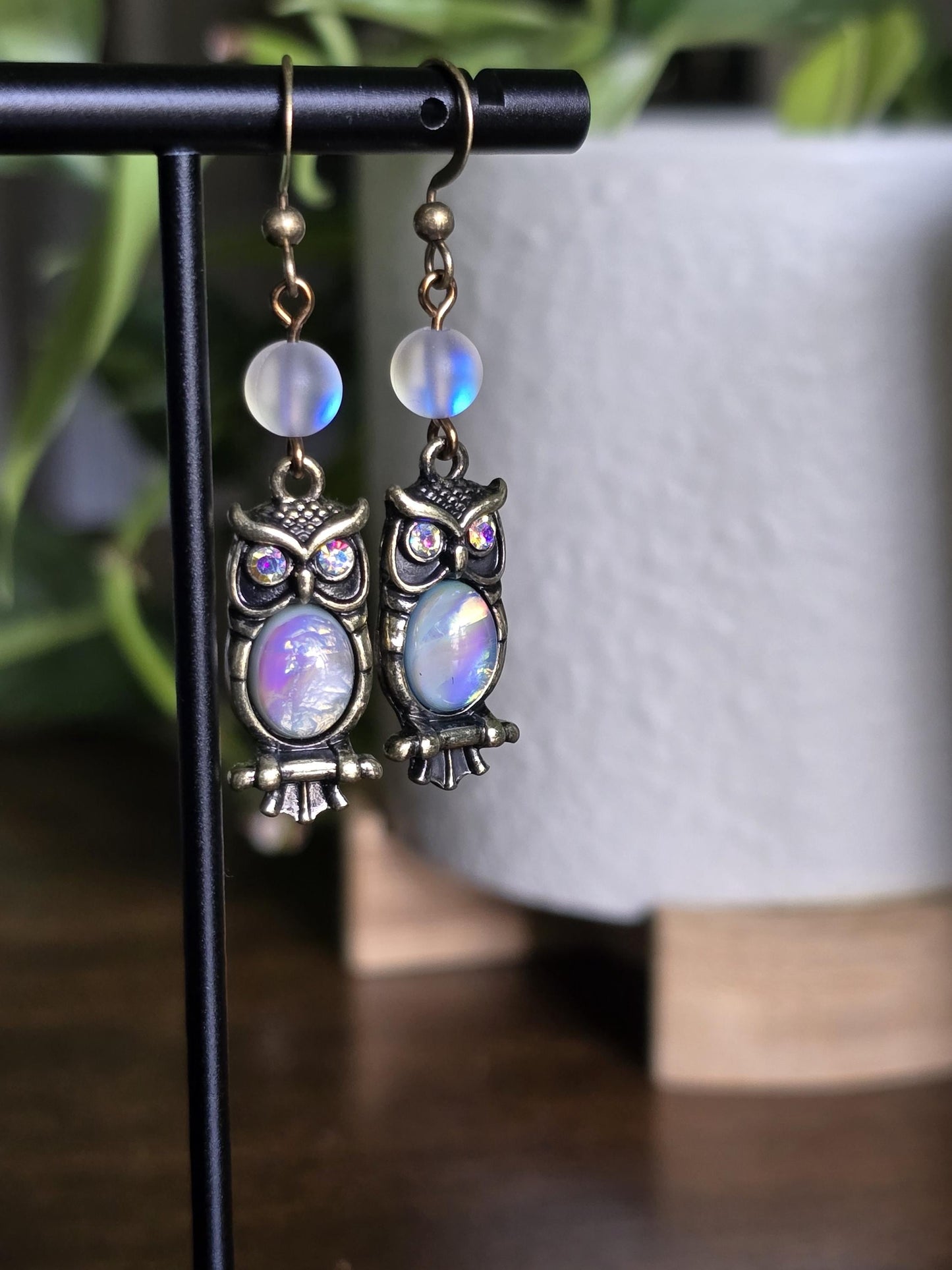 Antique Brass Owl Earrings, Opalite Moonstone Dangle, Celestial Boho Jewelry