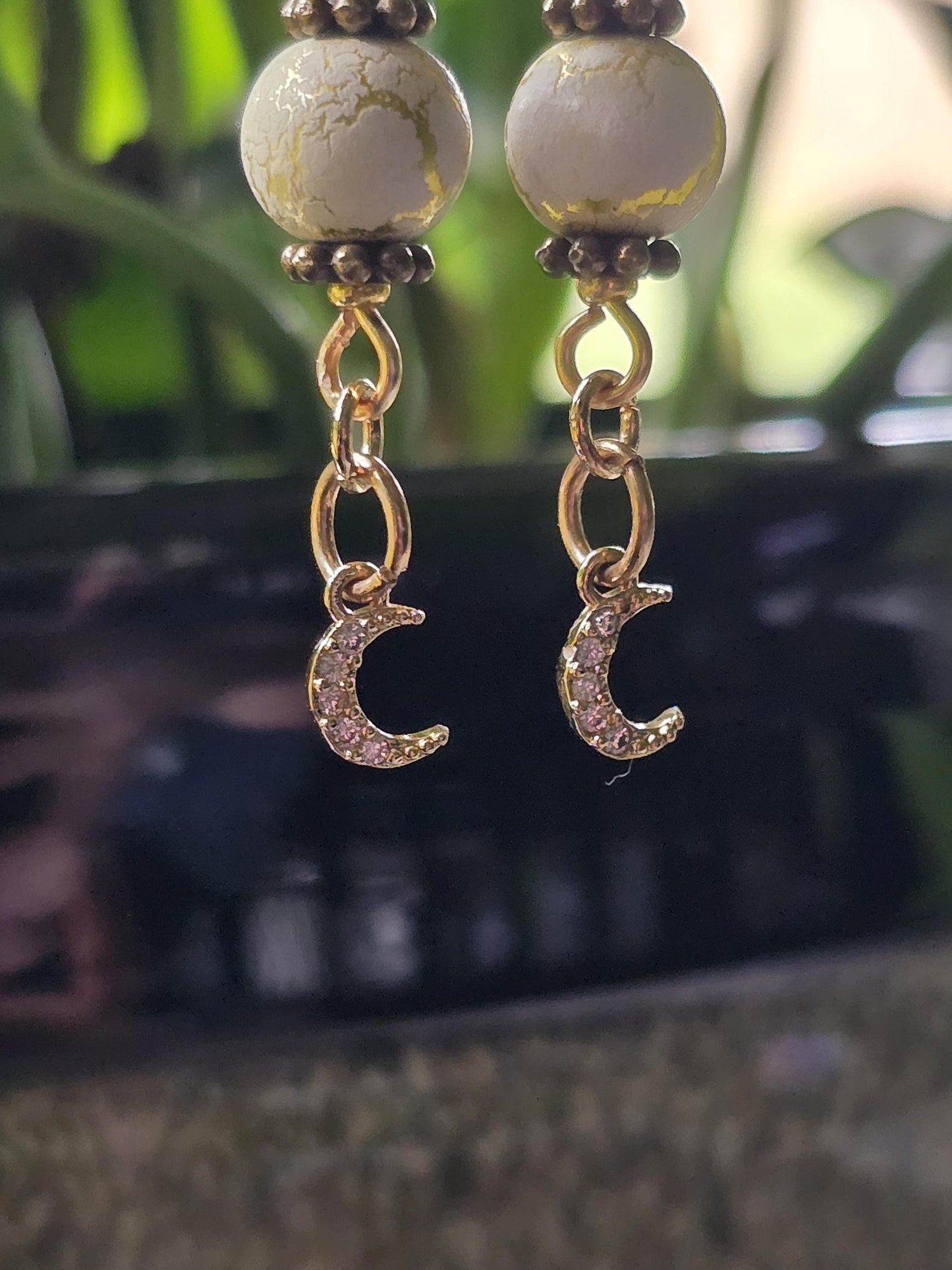 White Gold Moon Dangle Earrings, Celestial Boho Crystal Jewelry