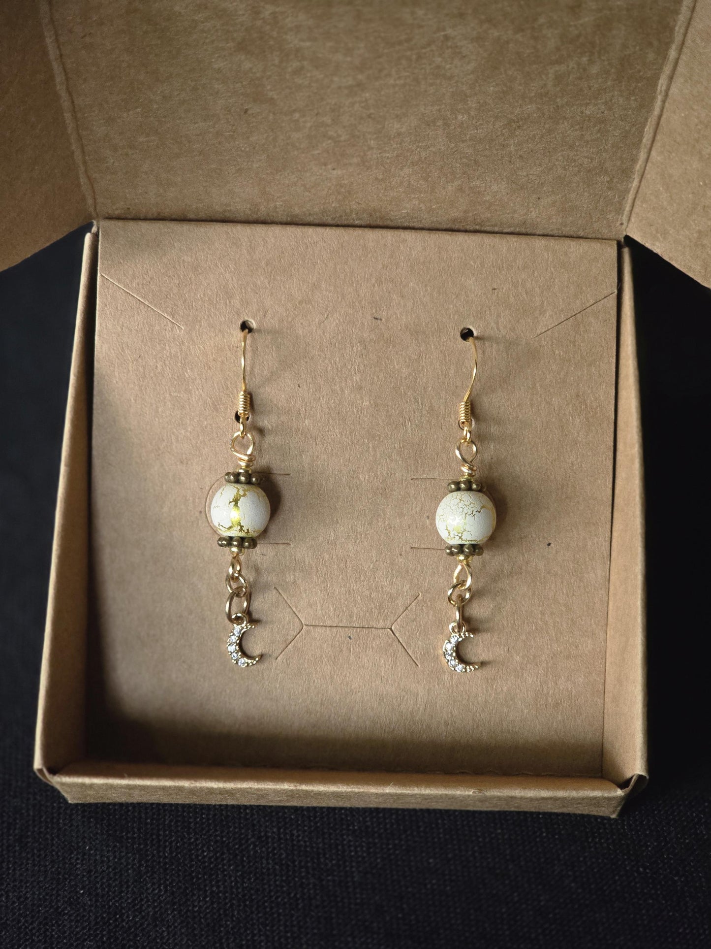 White Gold Moon Dangle Earrings, Celestial Boho Crystal Jewelry