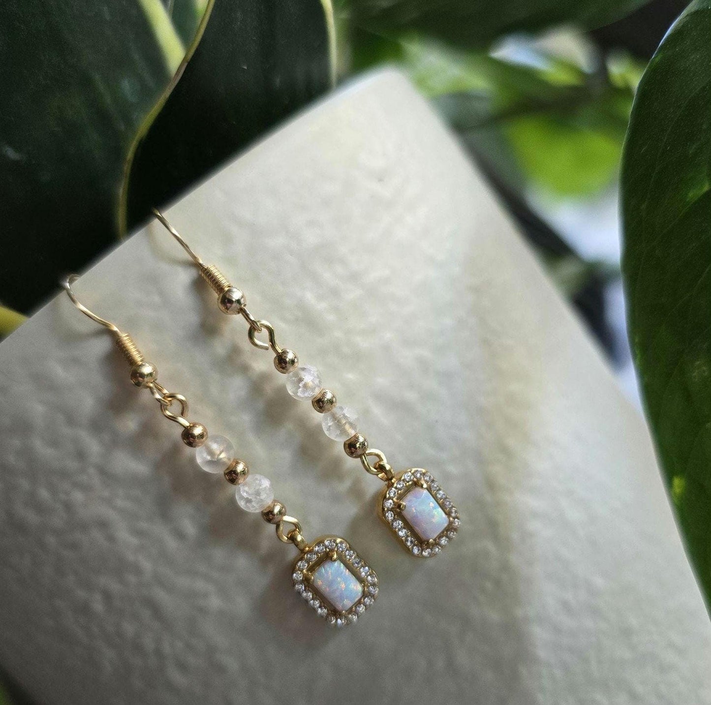 Gold and Glass Crackle Beaded Synthetic Opal Pendant Handmade Dangle Earrings