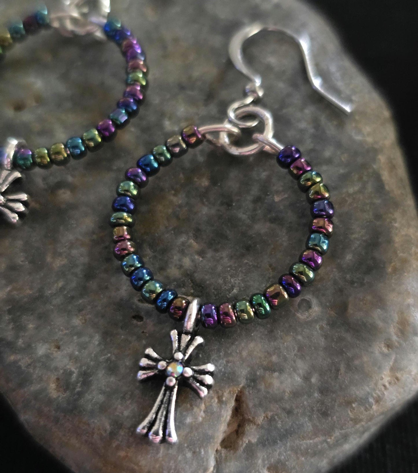 Metallic Rainbow Iridescent Glass Cross Pendant Earrings, Handmade Shimmering Statement Jewelry, Gift For Her