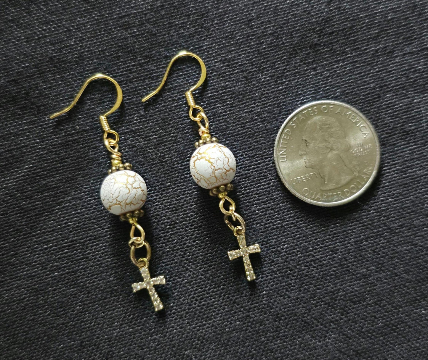 Gold Cross Dangle Earrings, White Cracked Stone Beads, Boho Jewelry