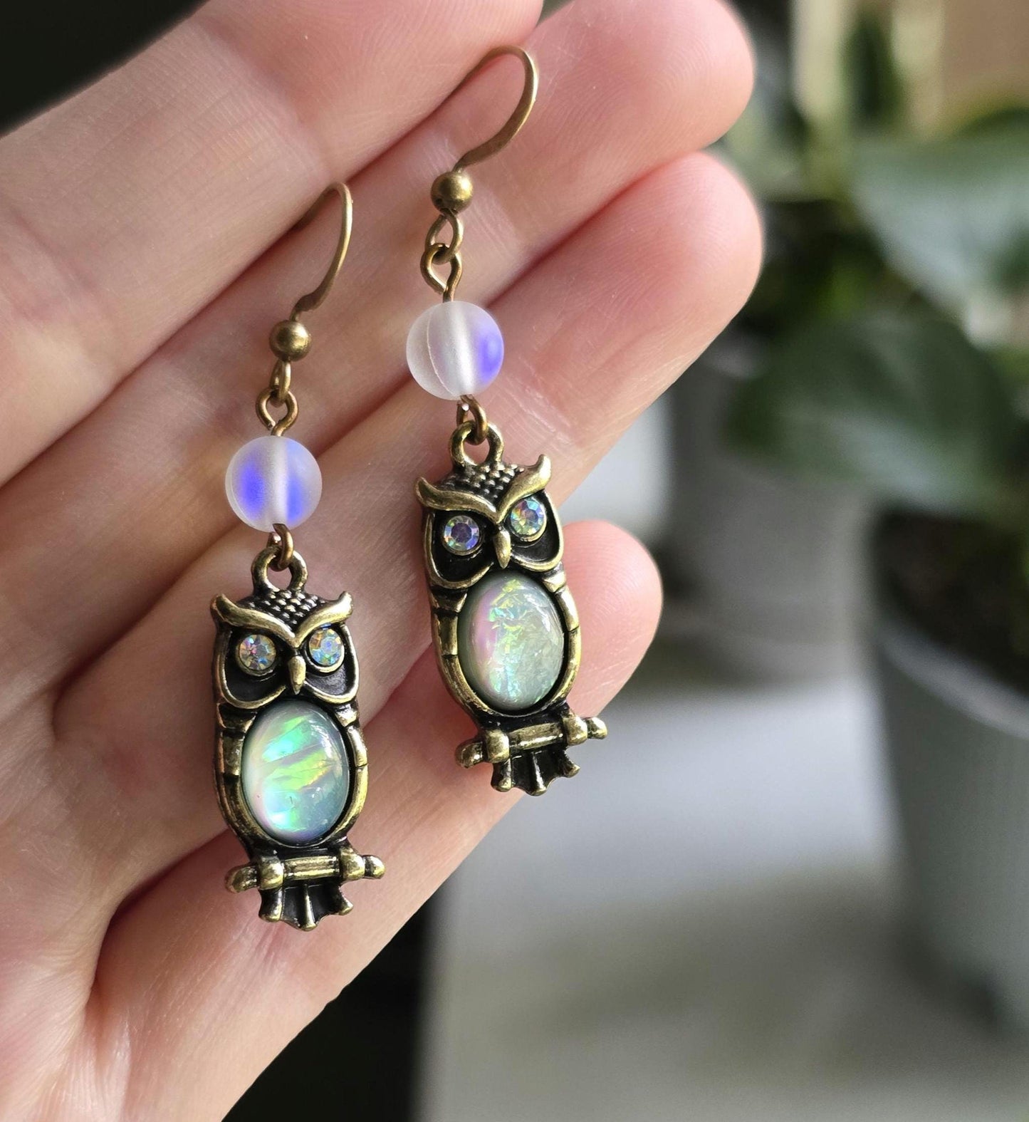 Antique Brass Owl Earrings, Opalite Moonstone Dangle, Celestial Boho Jewelry