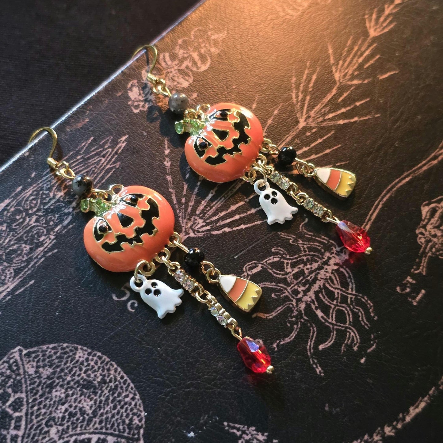 Handcrafted Halloween Pumpkin Ghost Candy Corn Dangle Earrings, Spooky Fall Jewelry