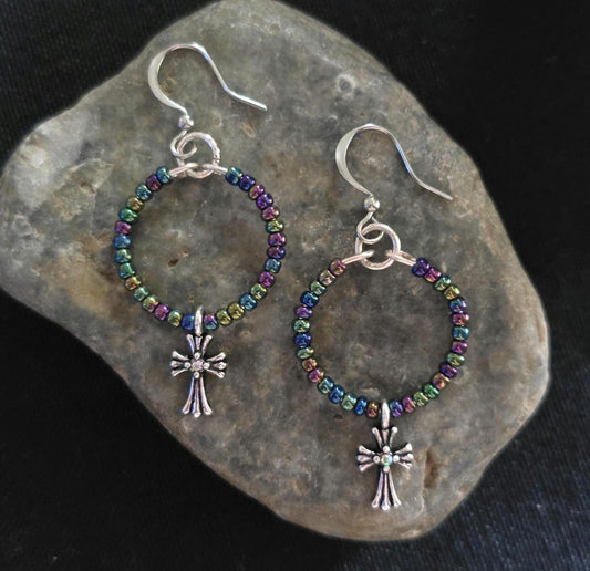 Metallic Rainbow Iridescent Glass Cross Pendant Earrings, Handmade Shimmering Statement Jewelry, Gift For Her