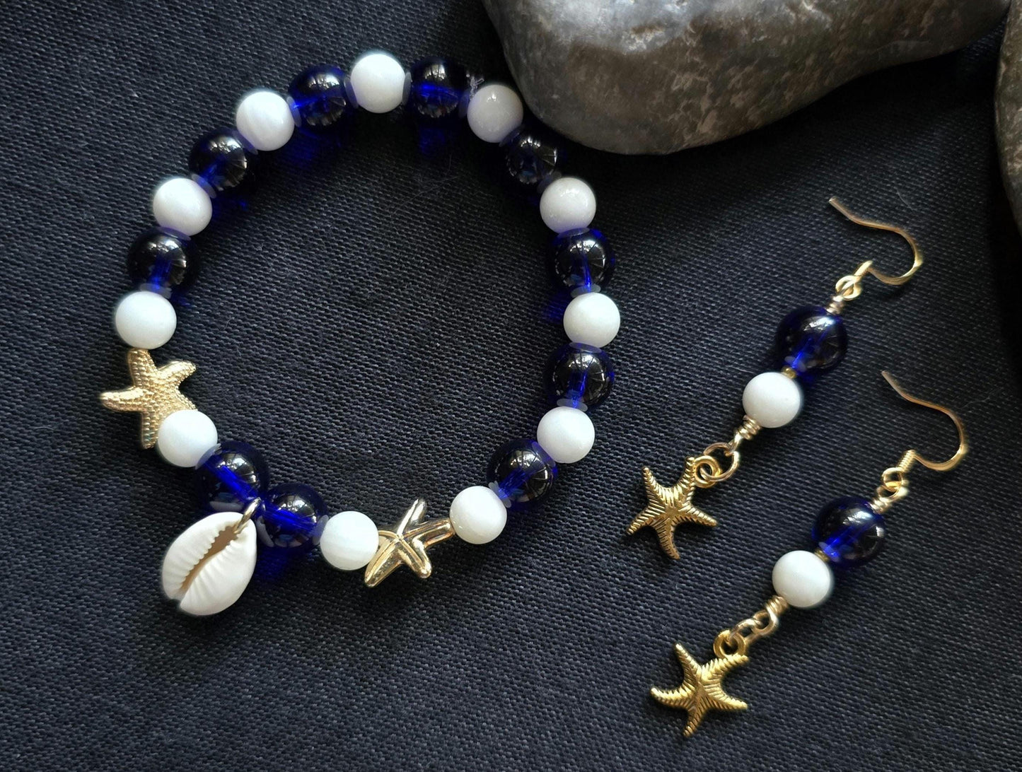 Nautical Blue White Beaded Bracelet Starfish Earrings Set, Cowrie Shell Charm Coastal Jewelry