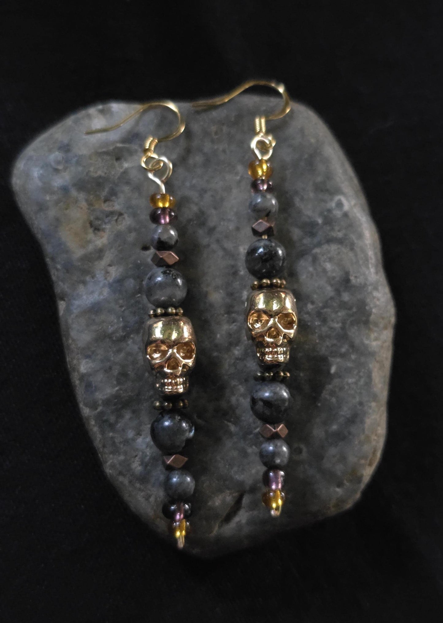 Gold Skull Dangle Earrings, Labradorite Gemstone Earrings, Gothic Halloween Jewelry, Boho Skull Earrings, Handmade Fall Gift