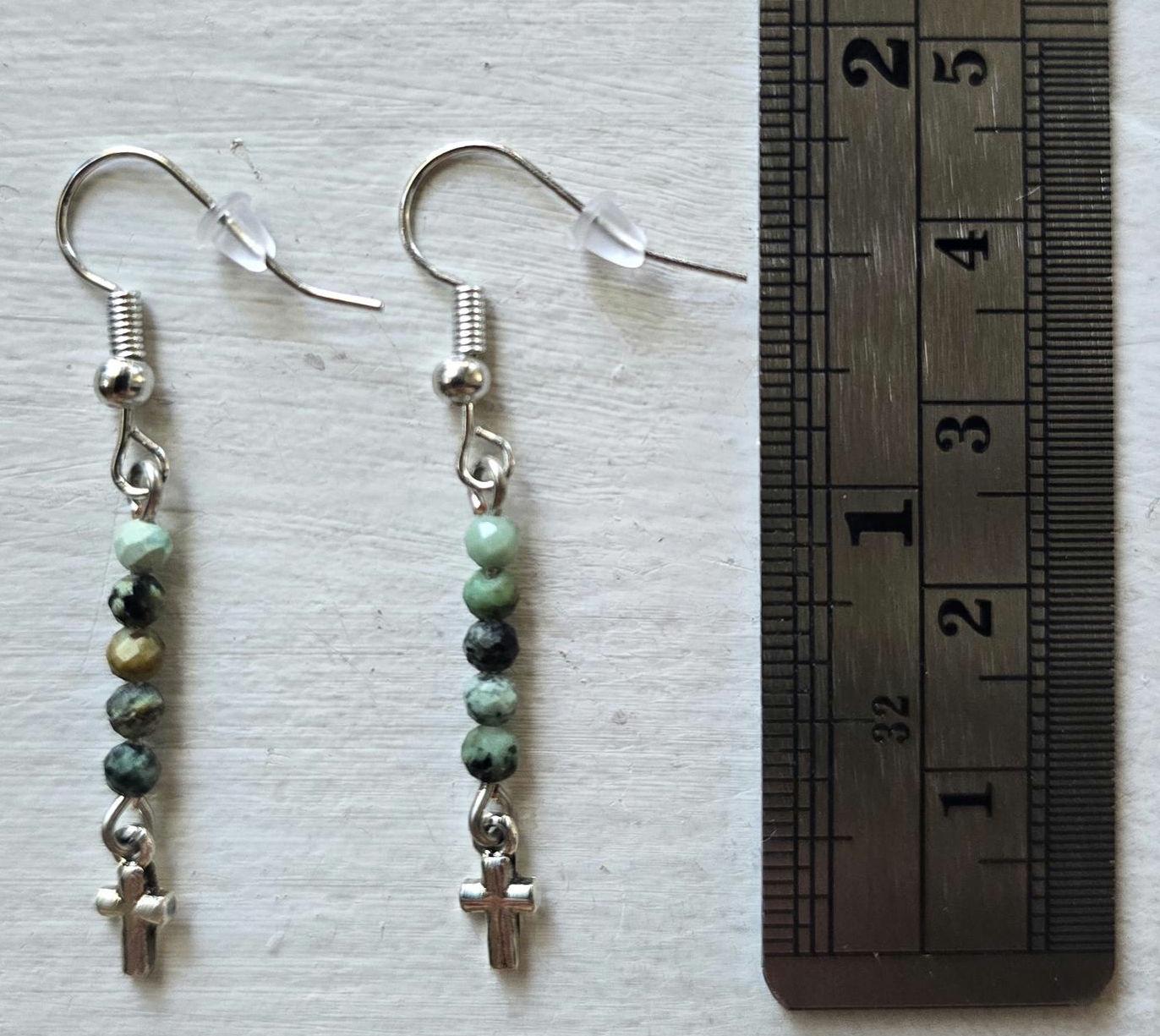Bluegreen African Jasper Dainty Cross Dangle Earrings
