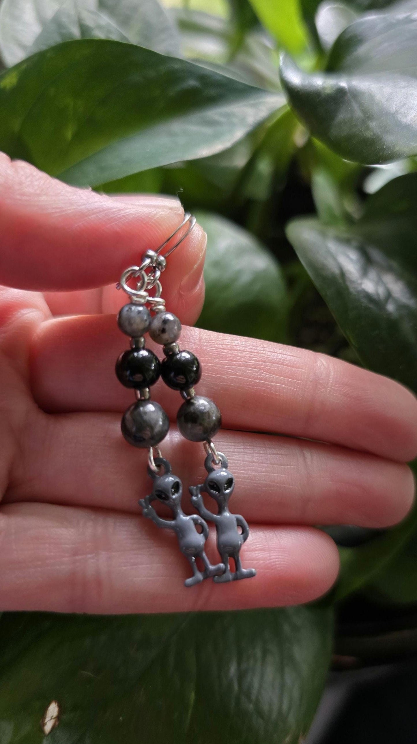 Alien Dangle Earrings, Labradorite Black Onyx, Stainless Steel Wires, Sci-Fi Jewelry