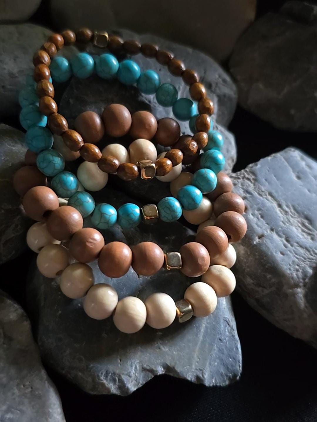 Boho Wood Turquoise Stretch Bracelet Set, Stackable Beaded Natural Jewelry