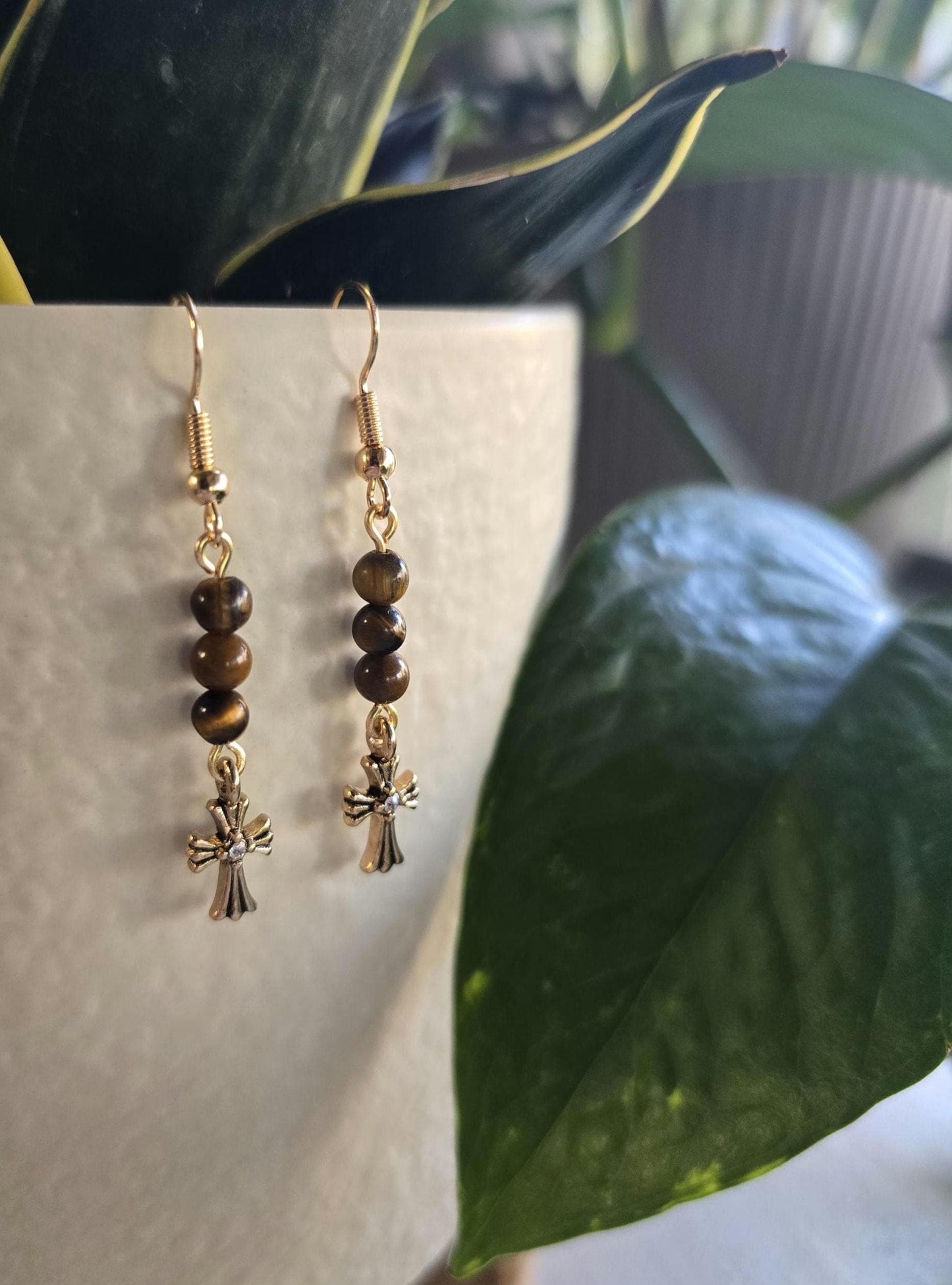 Tiger Eye Jasper Cross Dangle Earrings, Boho Copper Wire Jewelry