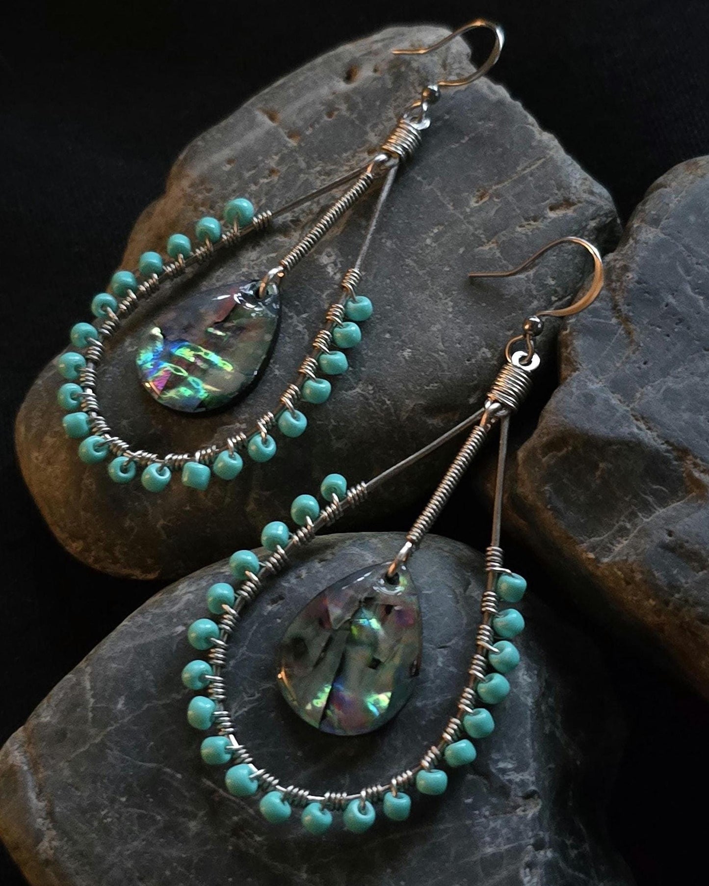 Abalone Shell Teardrop Earrings, Wire Wrapped Turquoise Beaded Earrings, Coastal Boho Dangle Jewelry
