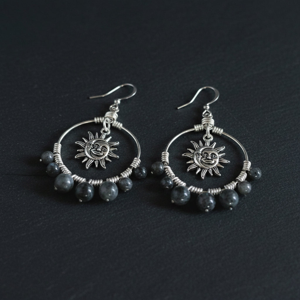 Handmade Labradorite Sun Moon Hoop Earrings, Celestial Wire Wrapped Boho Jewelry