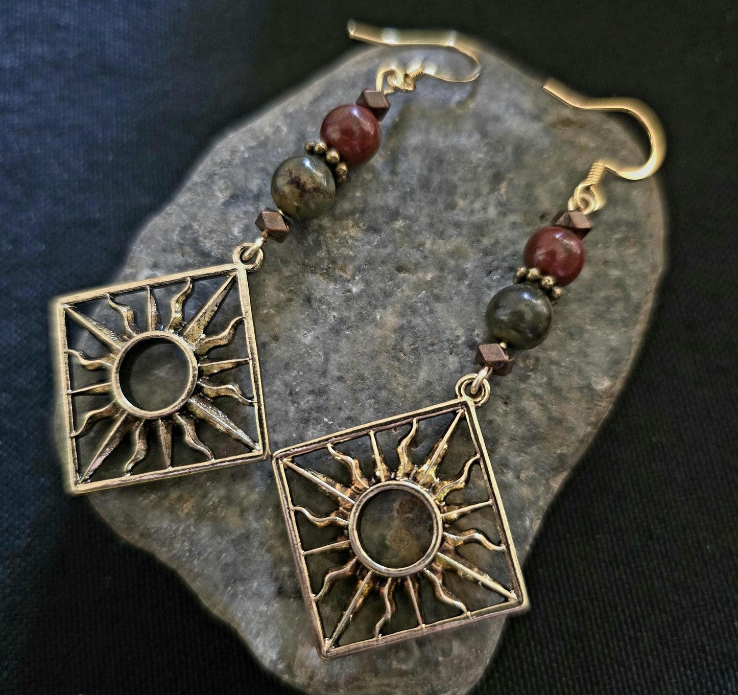 Sunburst Red Creek Jasper Beads Dangle Earrings, Rustic Boho Bohemian Handmade Earrings, Celestial Bronze Jewelry