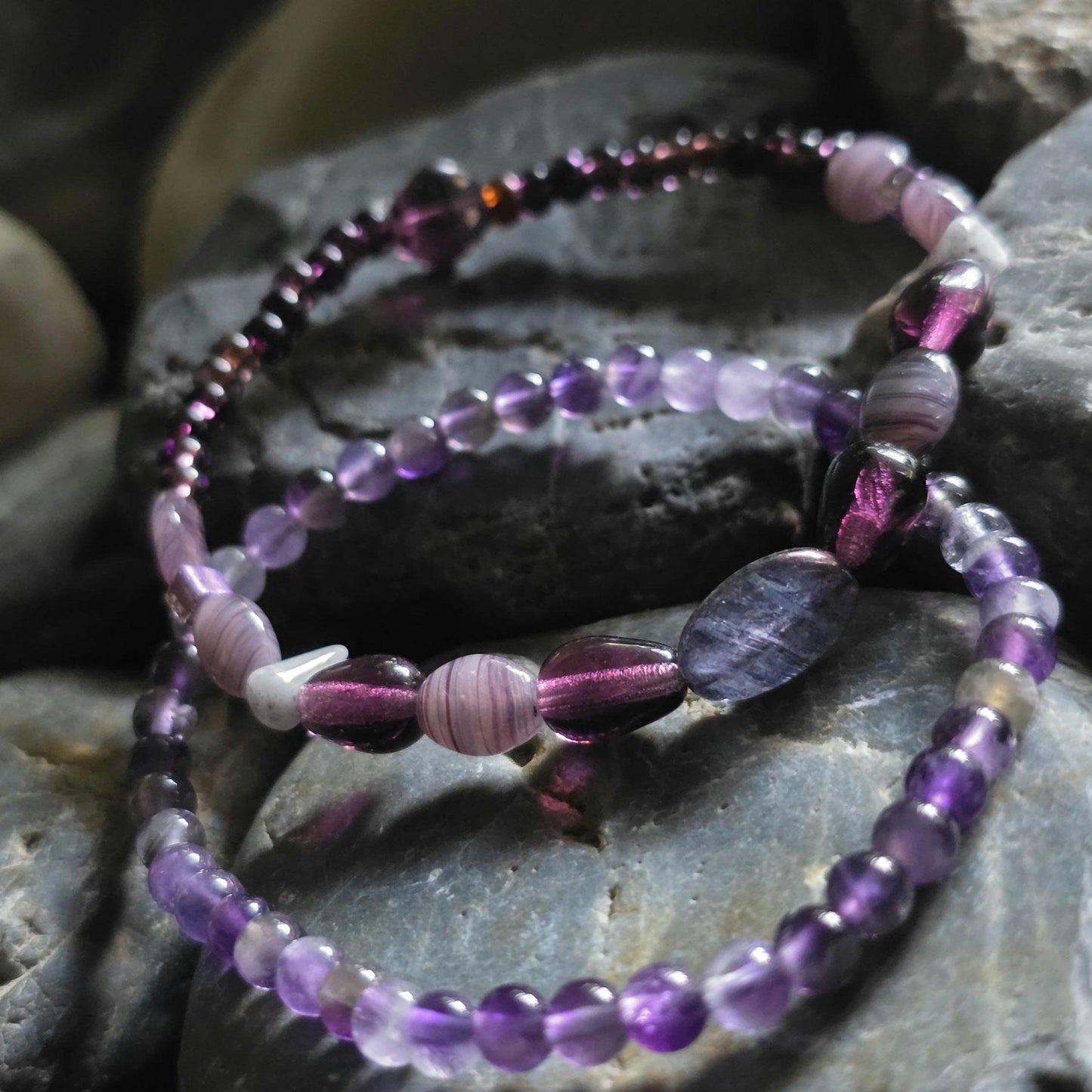 Amethyst Gemstone Beaded Bracelet Set, Purple Boho Layering Jewelry