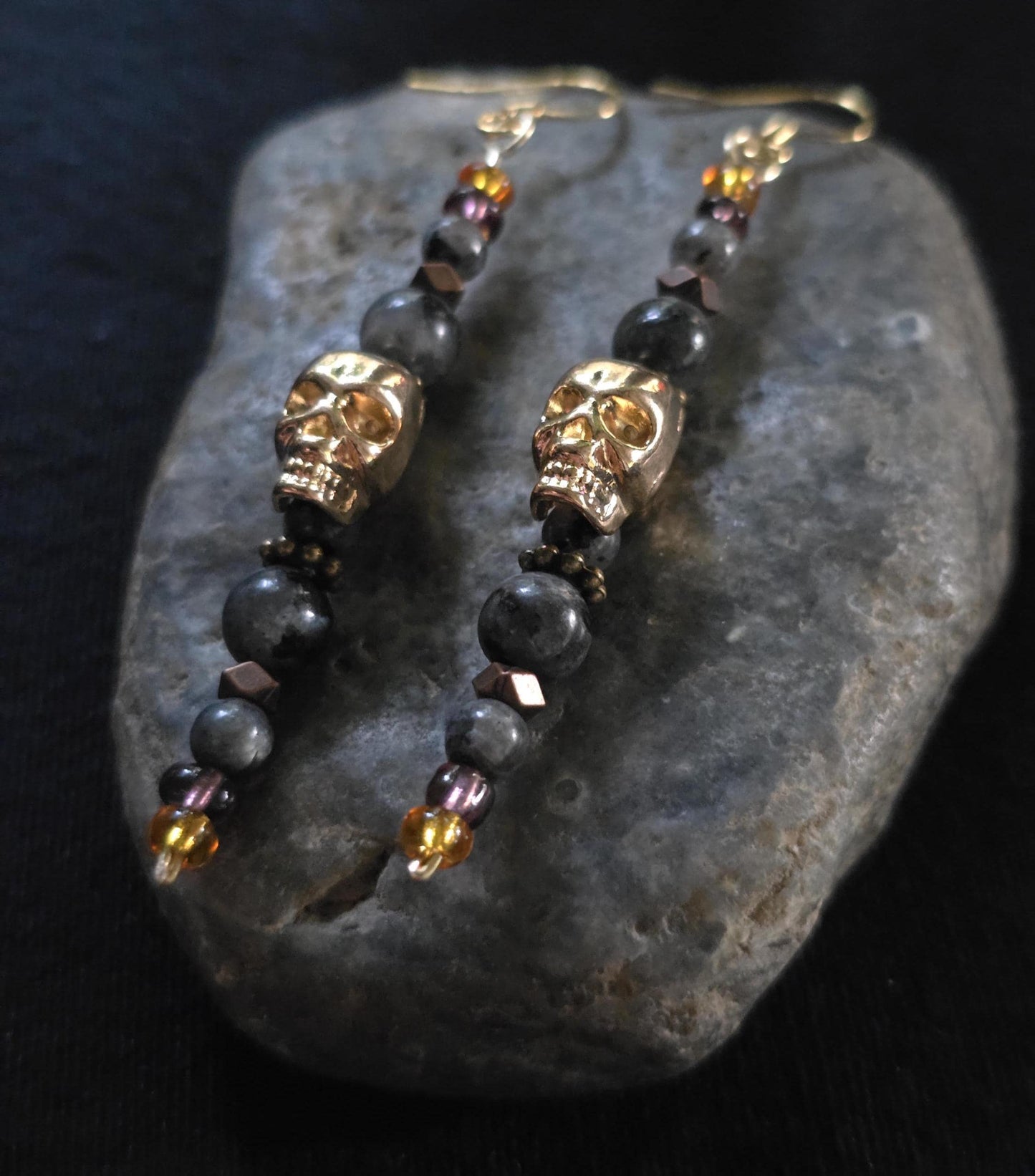 Gold Skull Dangle Earrings, Labradorite Gemstone Earrings, Gothic Halloween Jewelry, Boho Skull Earrings, Handmade Fall Gift