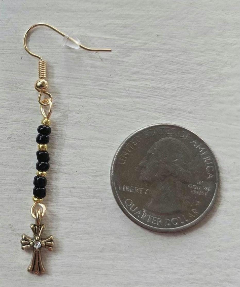 Cross Dangle Earrings with Black and Metallic Gold Coated Glass Seed Beads
