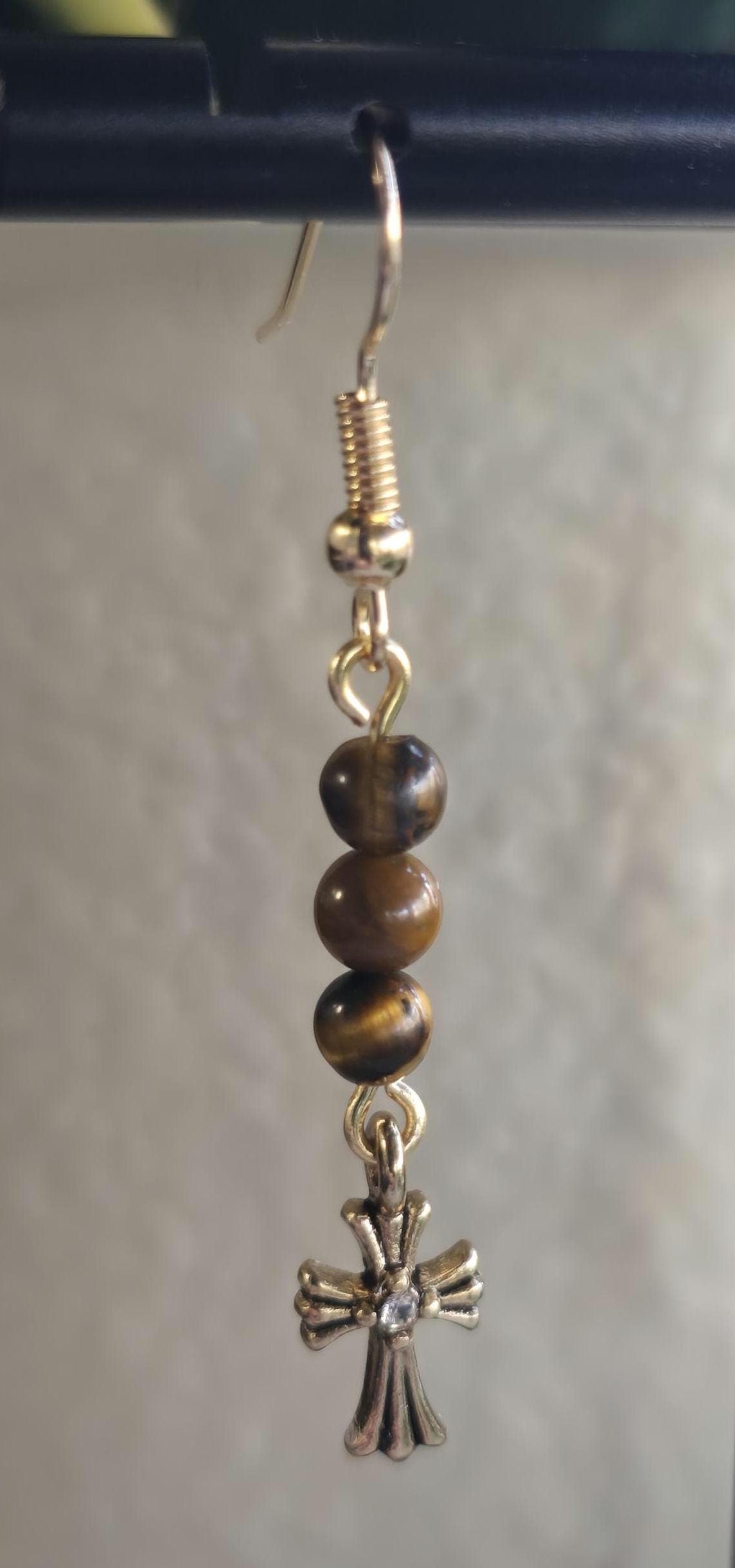 Tiger Eye Jasper Cross Dangle Earrings, Boho Copper Wire Jewelry