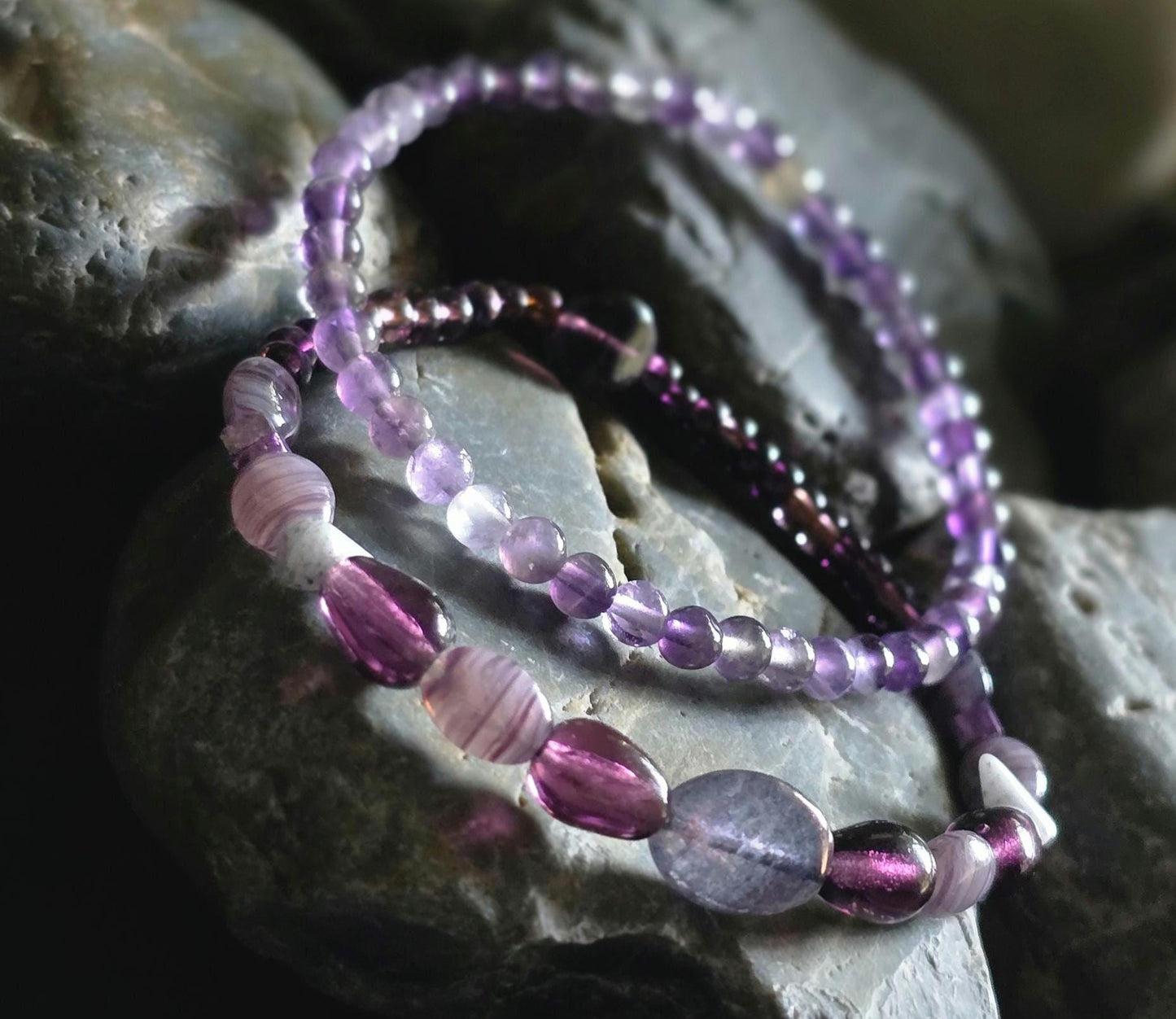 Amethyst Gemstone Beaded Bracelet Set, Purple Boho Layering Jewelry