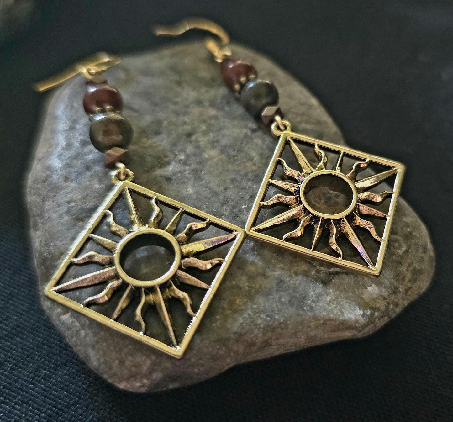Sunburst Red Creek Jasper Beads Dangle Earrings, Rustic Boho Bohemian Handmade Earrings, Celestial Bronze Jewelry