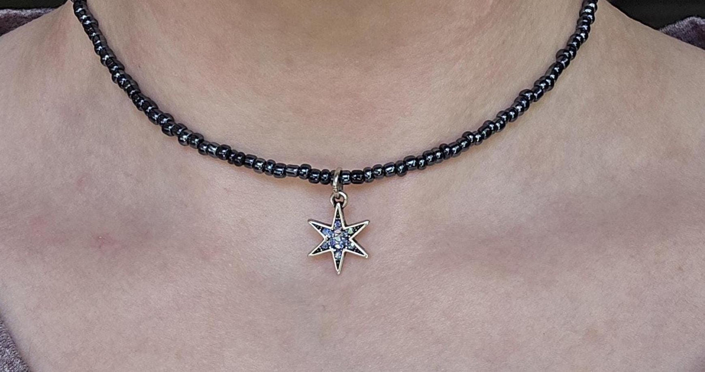 Midnight Navy Seed Bead Star Choker Necklace, Iridescent Charm, Minimalist Beaded Jewelry