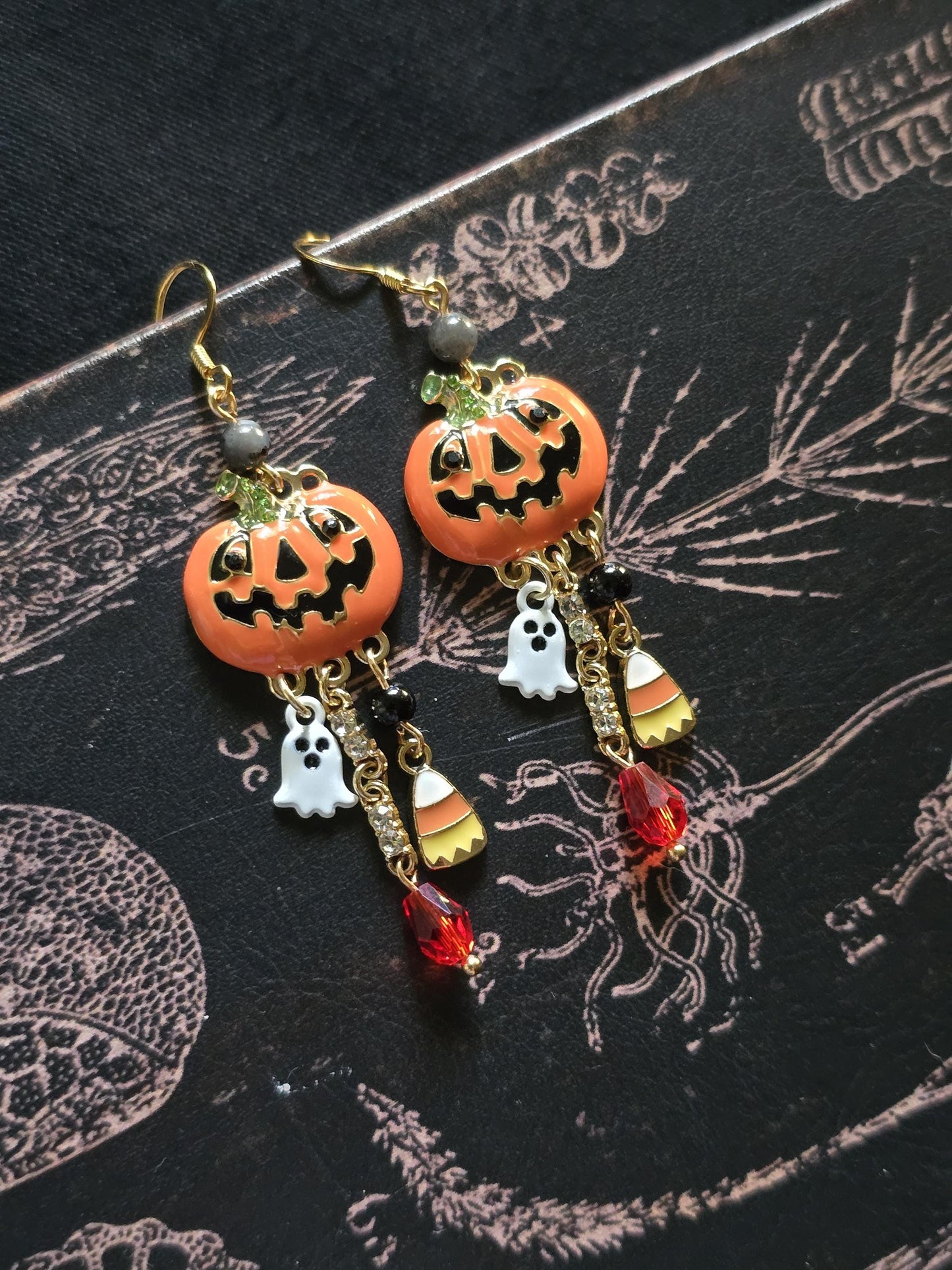 Handcrafted Halloween Pumpkin Ghost Candy Corn Dangle Earrings, Spooky Fall Jewelry