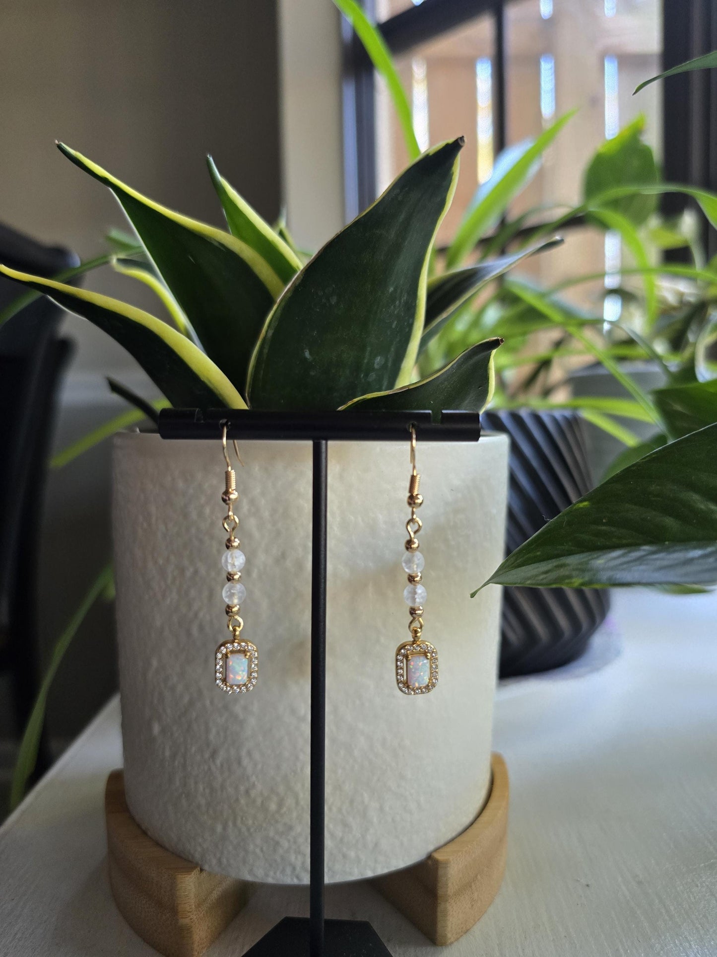 Gold and Glass Crackle Beaded Synthetic Opal Pendant Handmade Dangle Earrings