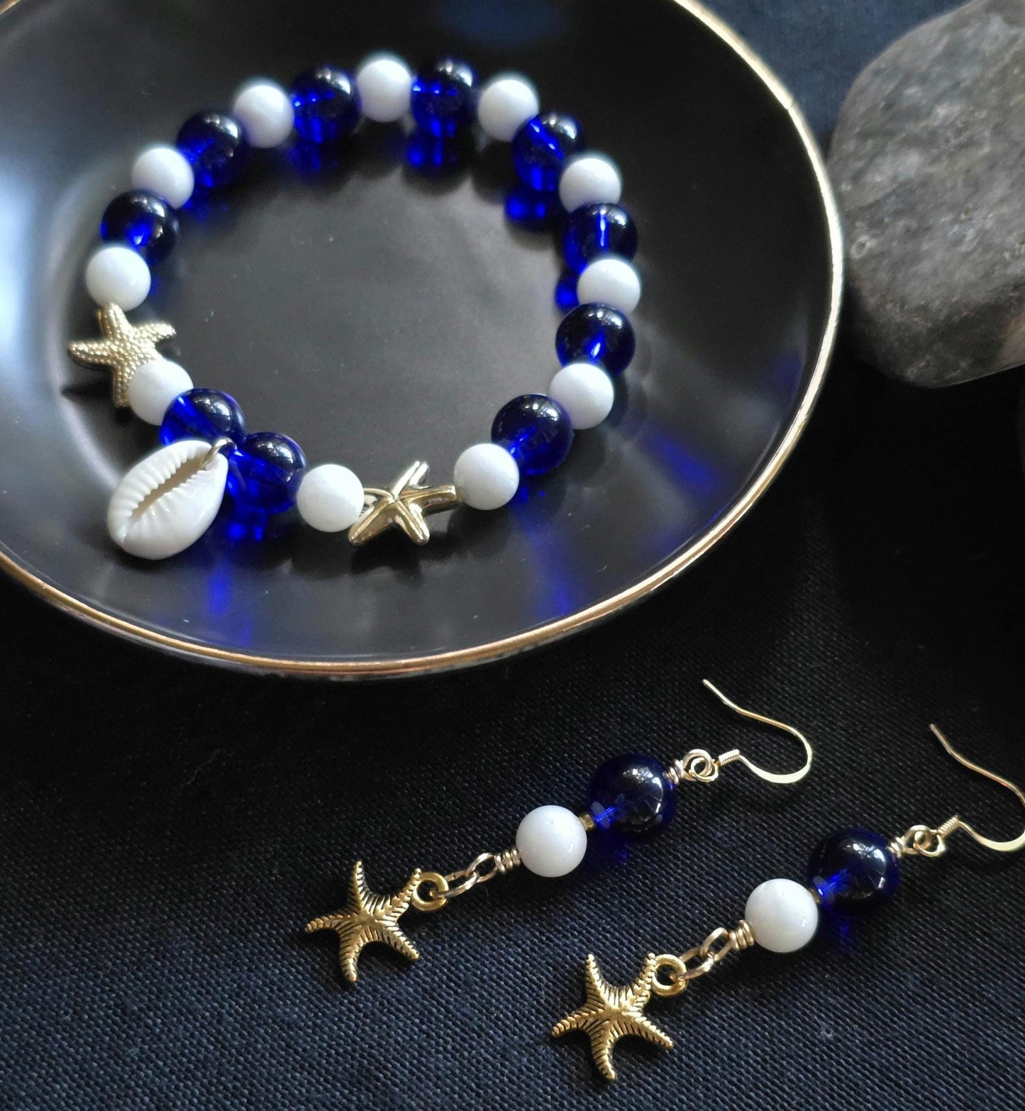 Nautical Blue White Beaded Bracelet Starfish Earrings Set, Cowrie Shell Charm Coastal Jewelry