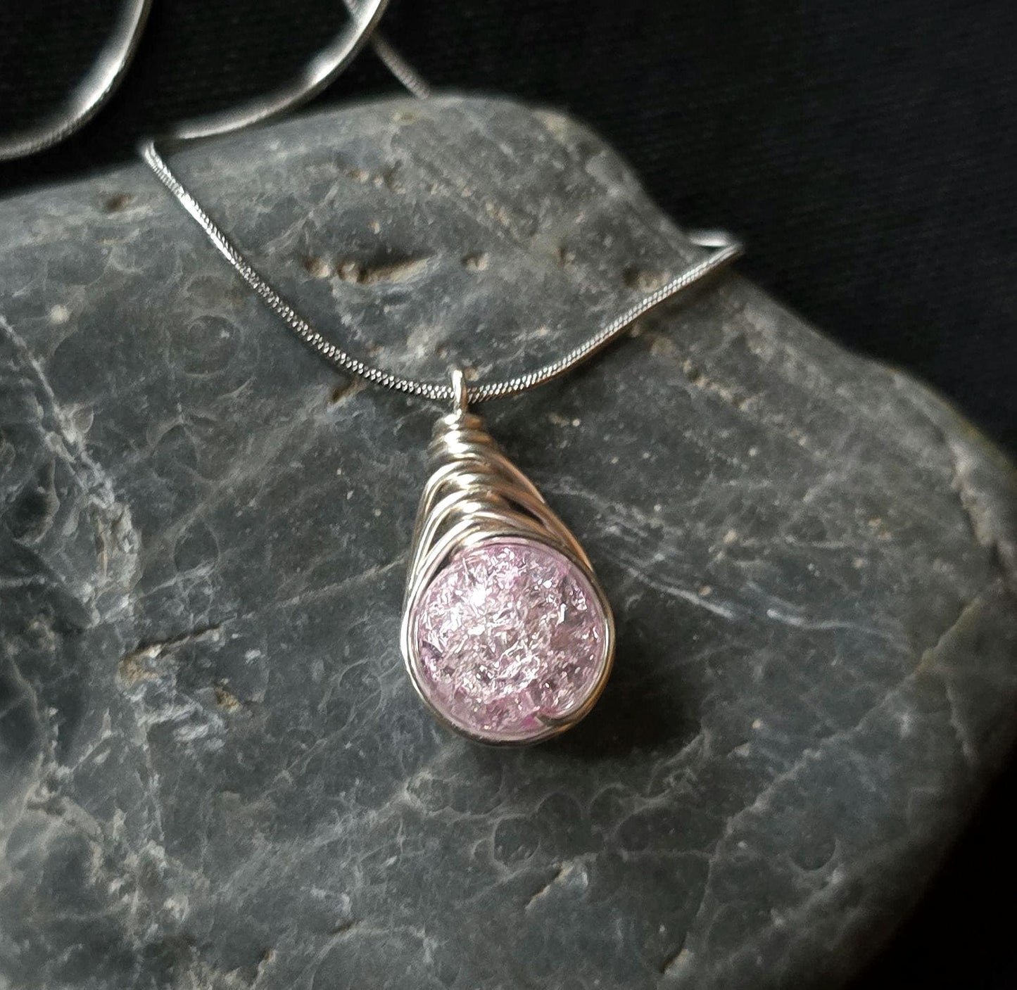 Pink Crackle Glass Pendant Necklace, Wire Wrapped Boho Jewelry, 20 Inch Chain