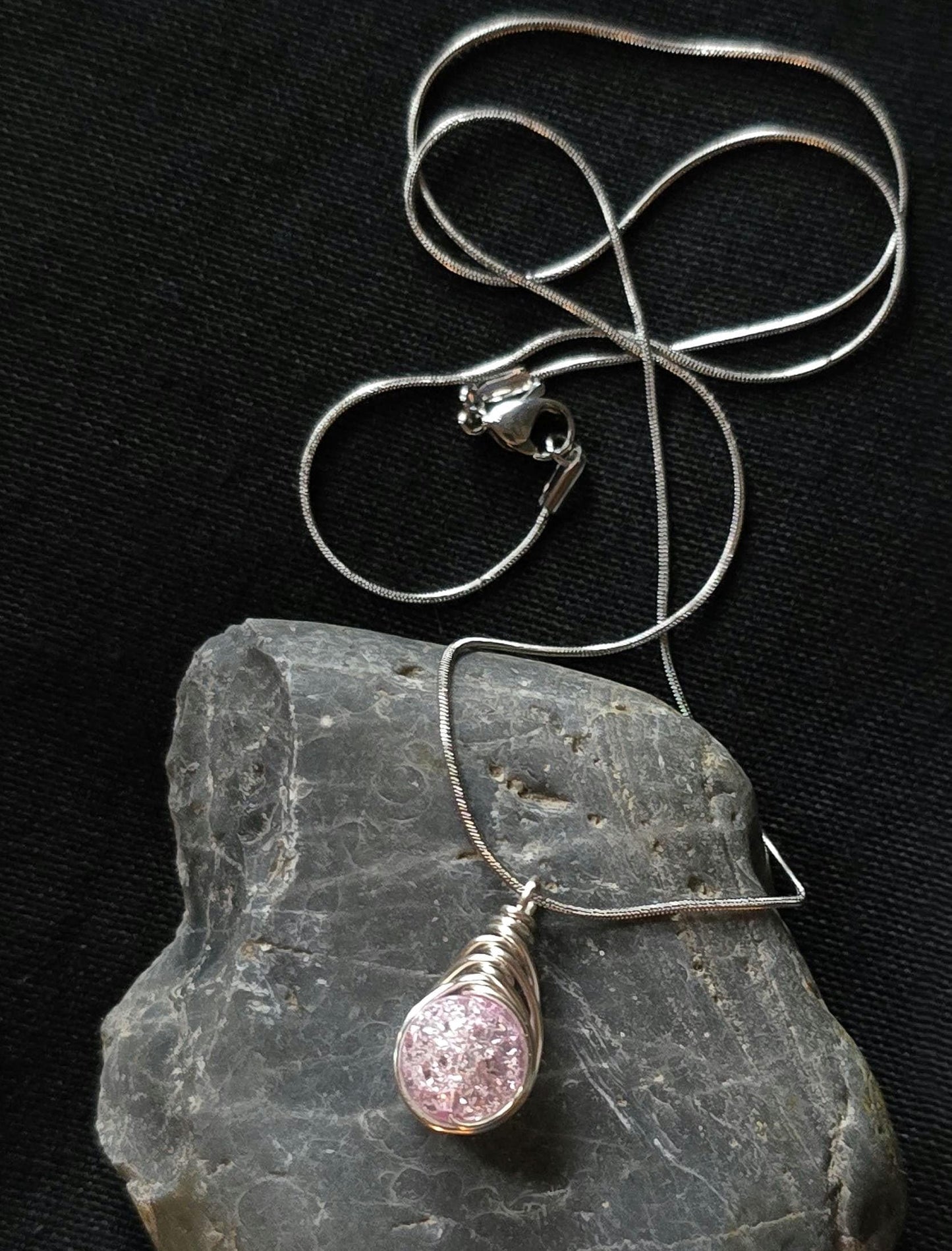 Pink Crackle Glass Pendant Necklace, Wire Wrapped Boho Jewelry, 20 Inch Chain