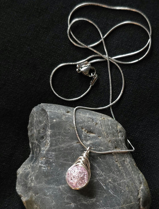Pink Crackle Glass Pendant Necklace, Wire Wrapped Boho Jewelry, 20 Inch Chain