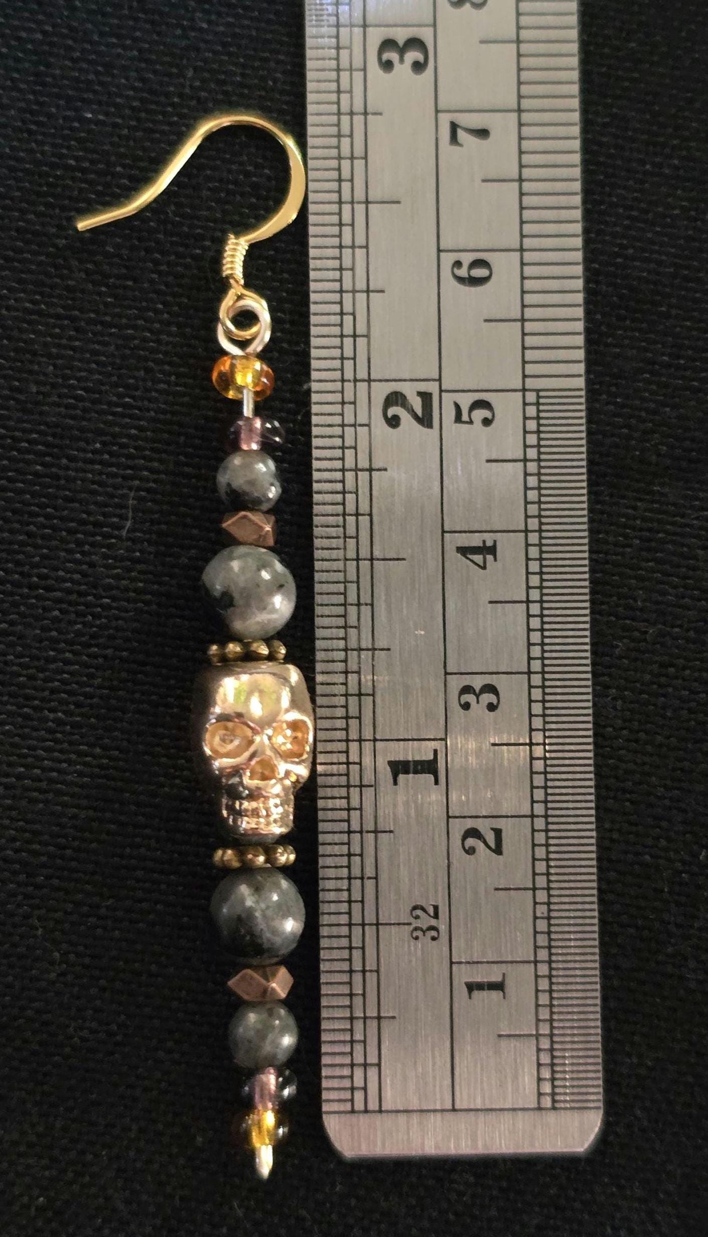 Gold Skull Dangle Earrings, Labradorite Gemstone Earrings, Gothic Halloween Jewelry, Boho Skull Earrings, Handmade Fall Gift