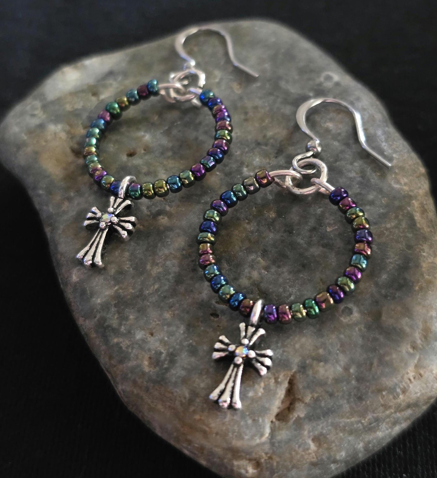 Metallic Rainbow Iridescent Glass Cross Pendant Earrings, Handmade Shimmering Statement Jewelry, Gift For Her
