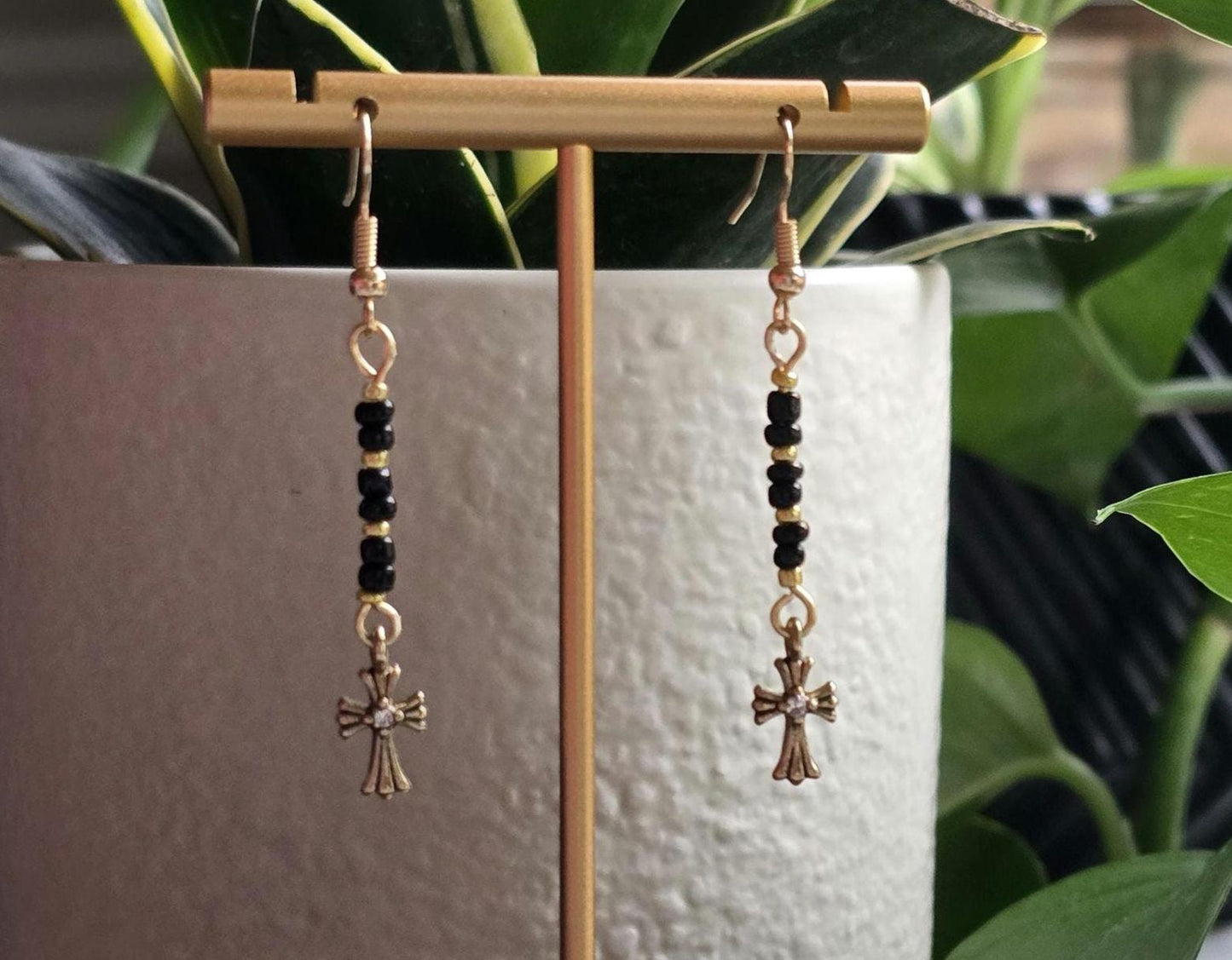 Cross Dangle Earrings with Black and Metallic Gold Coated Glass Seed Beads